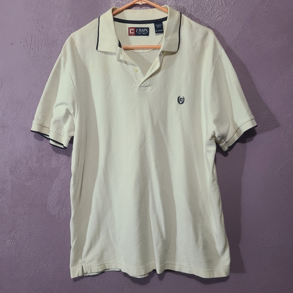 Chaps Golf Polo Shirt Mens XL Cream Navy Trim Short Sleeve Cotton Textured - Picture 1 of 6